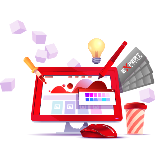 Um monitor vermelho exibe uma interface colorida de web design com uma janela de seleção de paletas e gráficos abstratos. Ao redor do monitor, há ferramentas criativas, incluindo um lápis, um conta-gotas, uma lâmpada e uma placa de vídeo com a inscrição EXPERT TECH. Um copo de bebida listrado e um mouse vermelho estão ao lado, tudo em um ambiente de trabalho iluminado e criativo. A cena transmite uma atmosfera animada e inovadora, focada em criatividade e design digital.